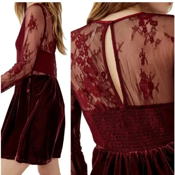 NWT free people lace and velvet burgundy dress. - Picture 5 of 9